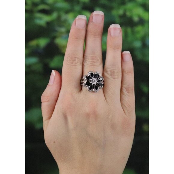 Sterling Silver Blue Cubic Zirconia and Natural Diamond Flower Ring Size 9 1/2 - Picture 2 of 7